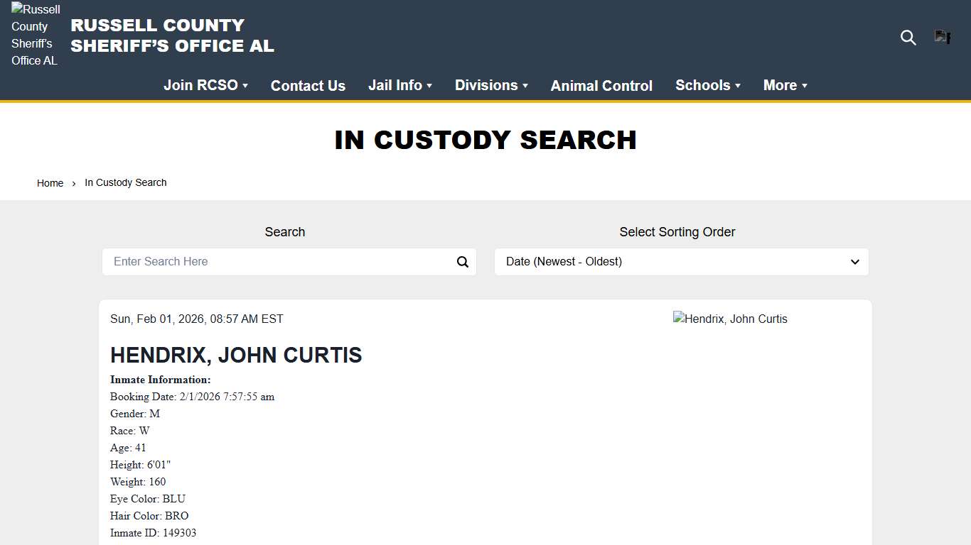 In Custody Search Russell County Sheriff’s Office AL
